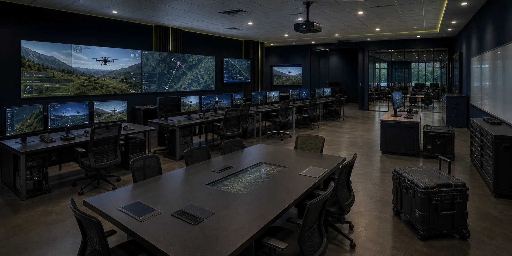 Modular training room with simulator and mission control stations