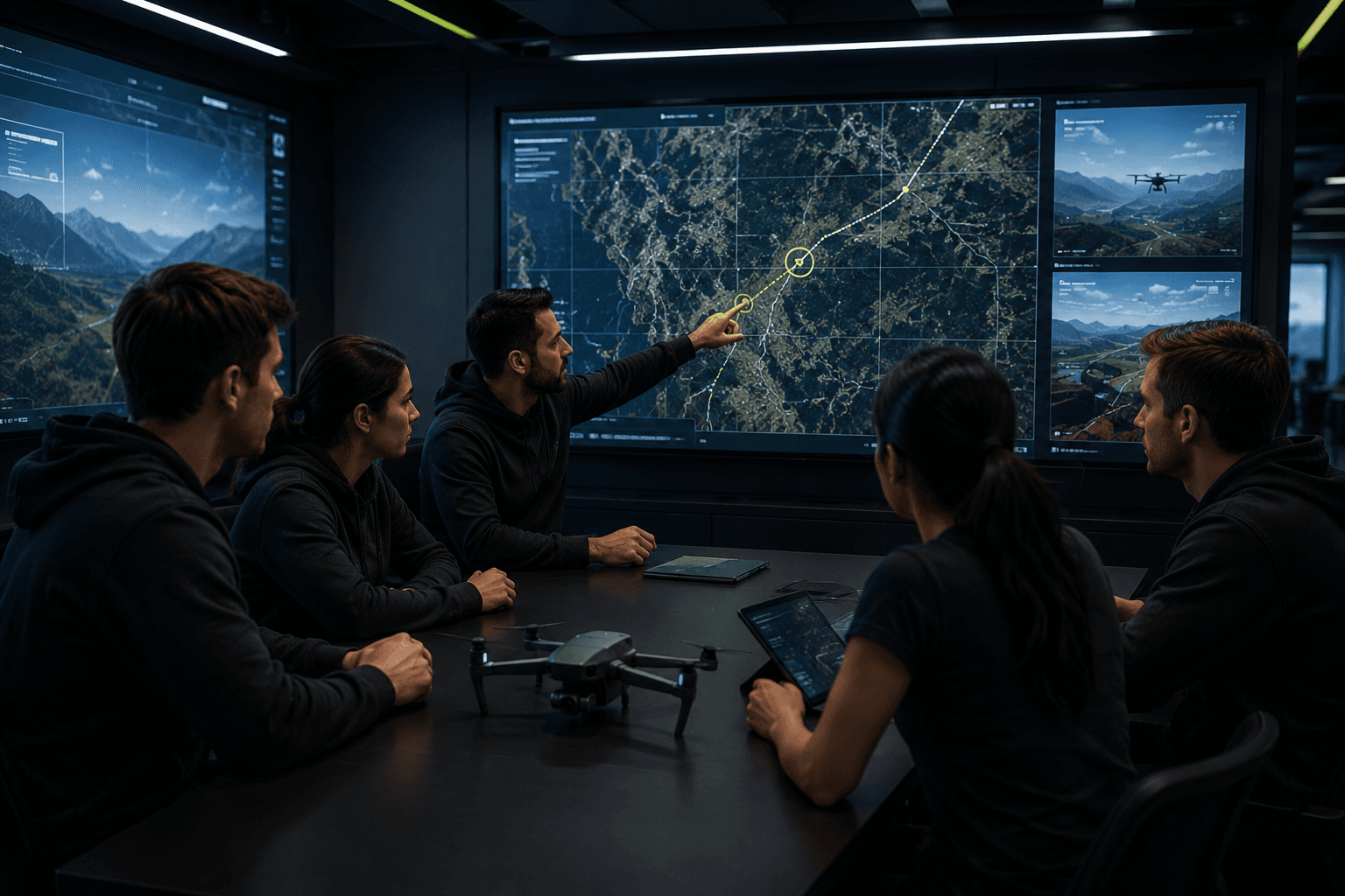 Participant operating a drone simulator in a modern mission control room