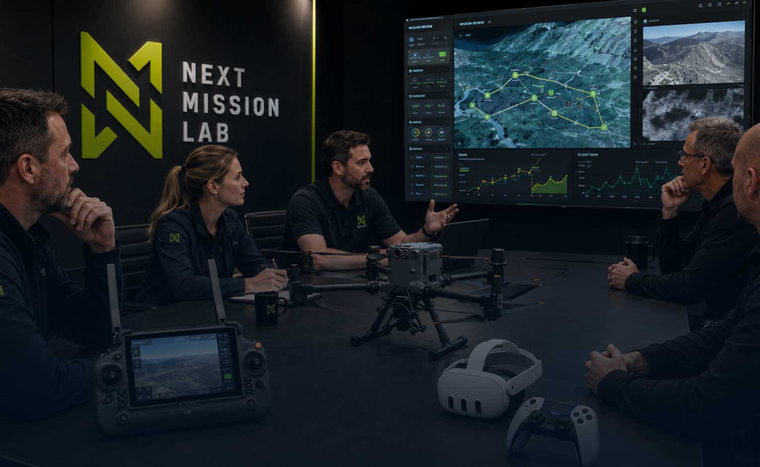 Mission control room with drone simulators
