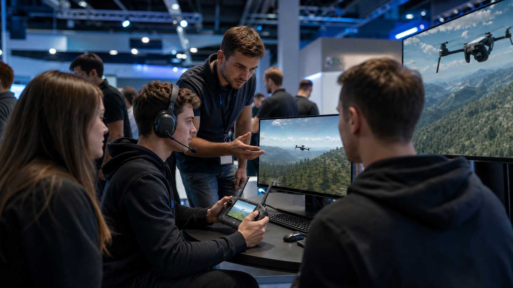 Visitors experiencing a modern drone and mission simulation